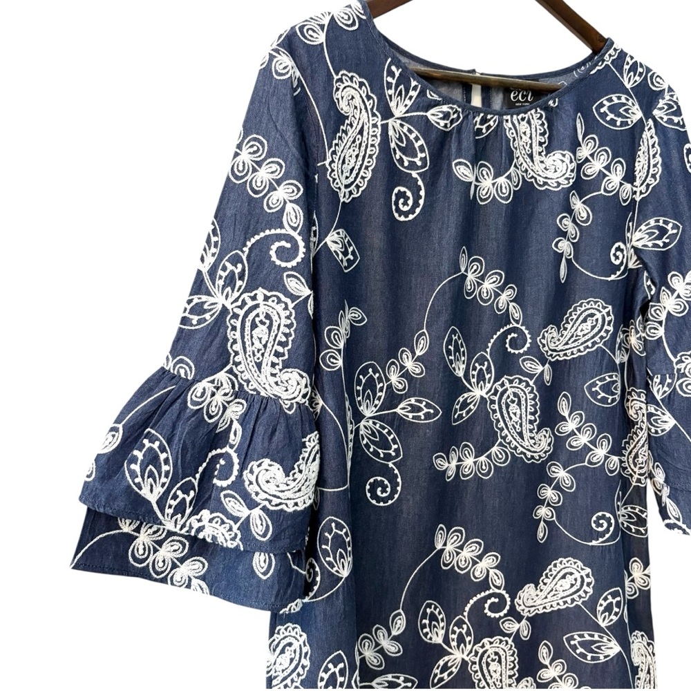 ECI Cotton‎ Denim Embroidered Bell Sleeve Sheath Dress | Size 8